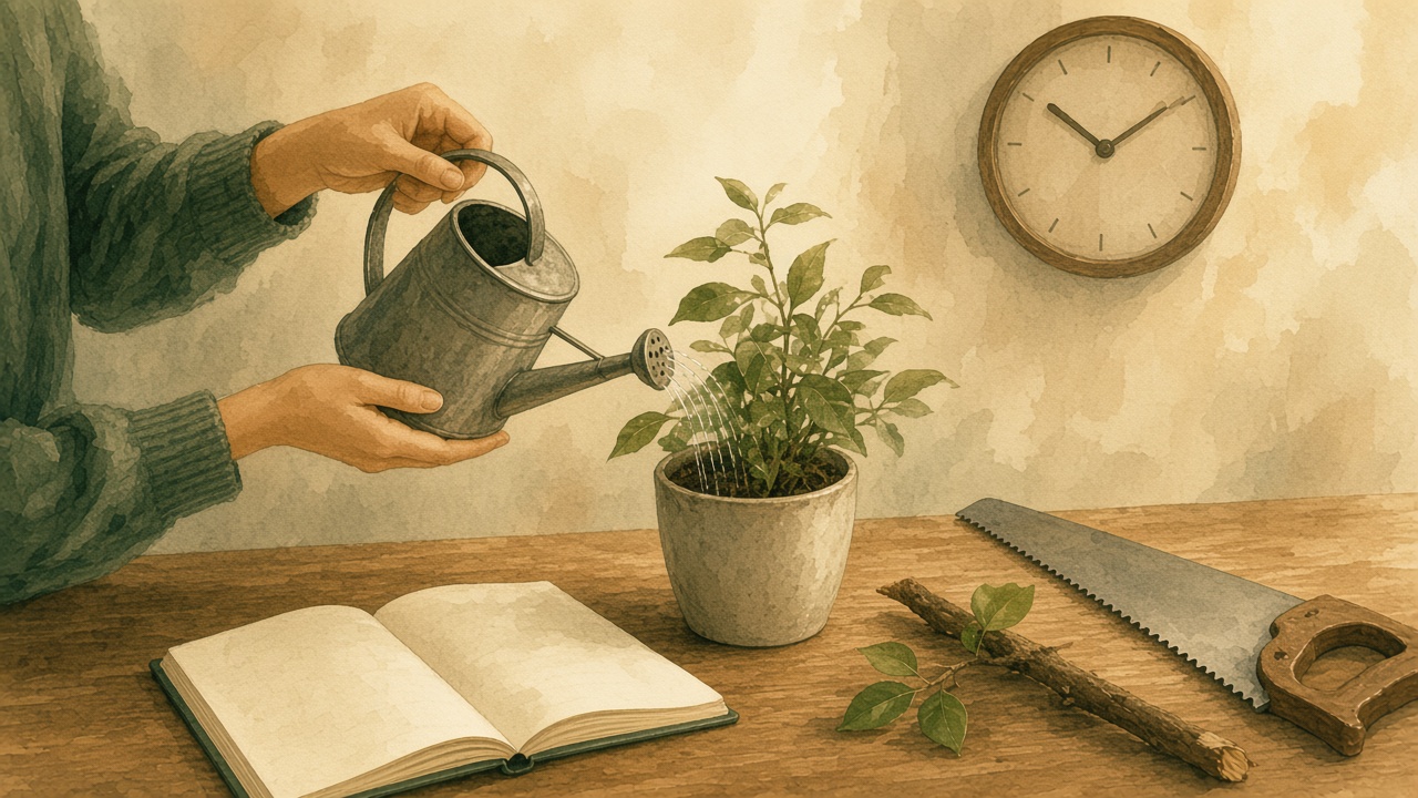 Hands watering a plant beside a notebook, a clock, and a saw.