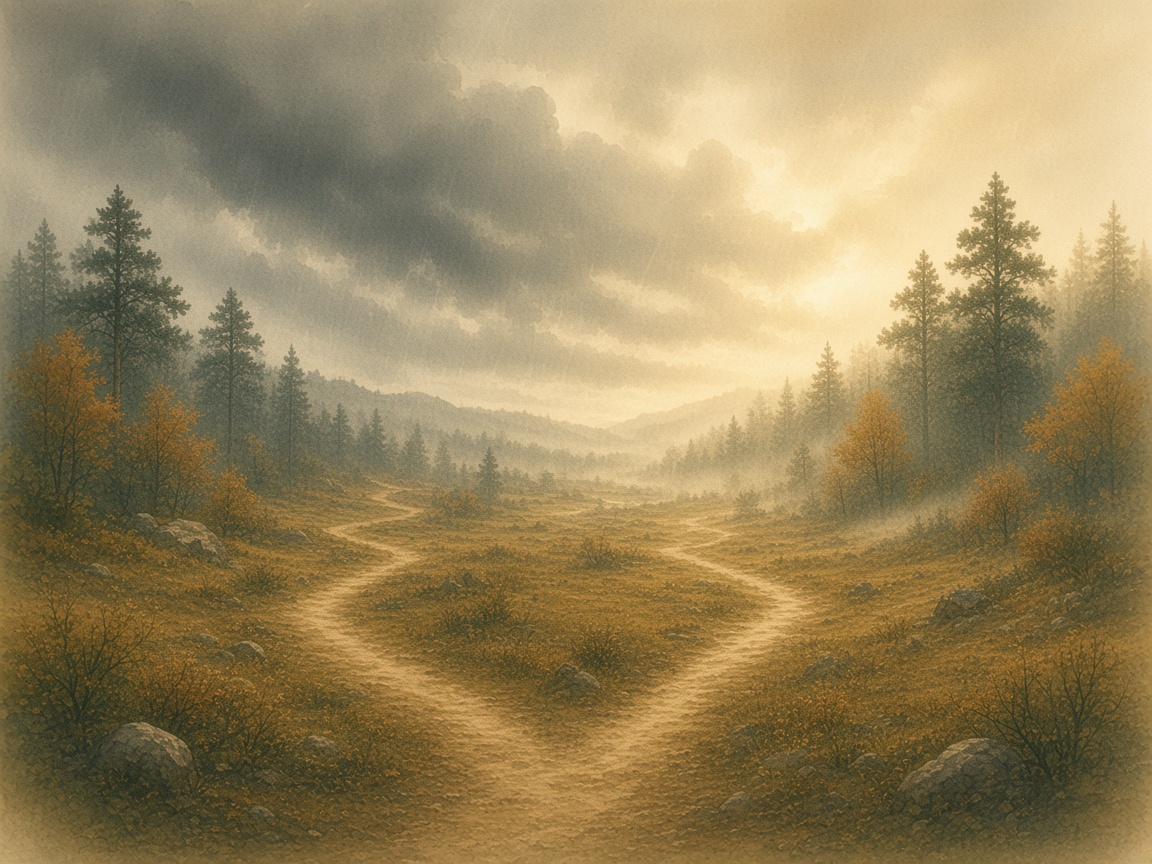 A fork in the path, one way stormy and one way calm.