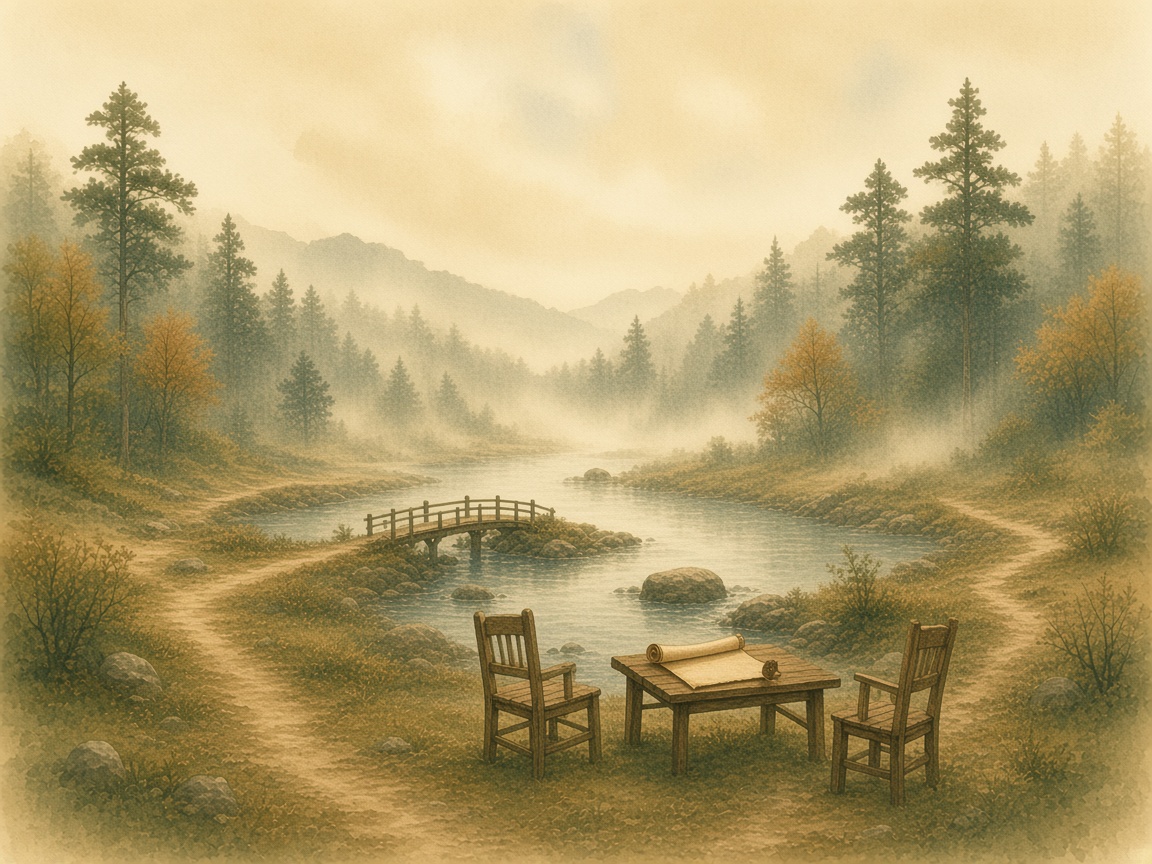 Two chairs and a scroll beside a river.