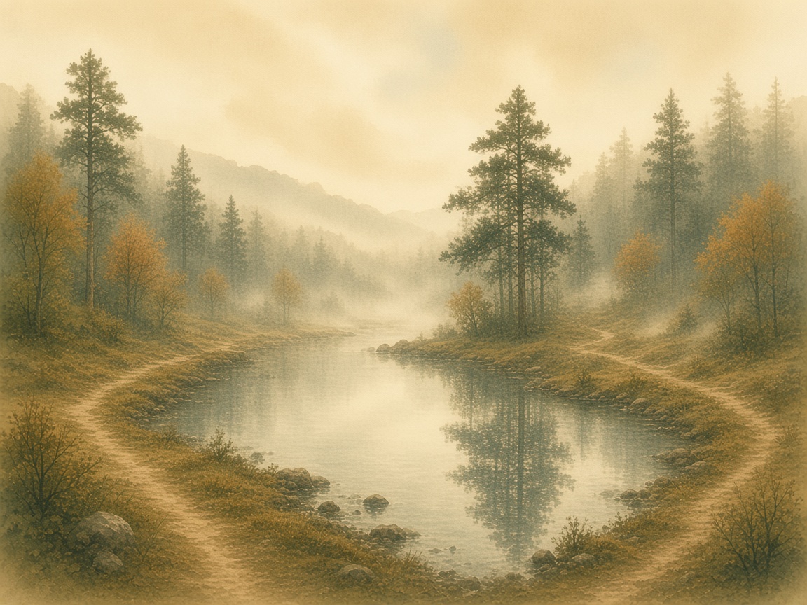 A still pool reflecting a tree, with a path on the far bank.
