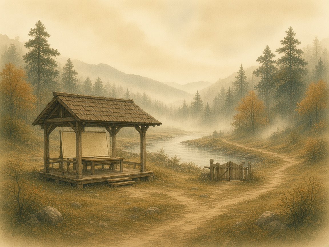 A pavilion with a map, and a closed gate beyond it.