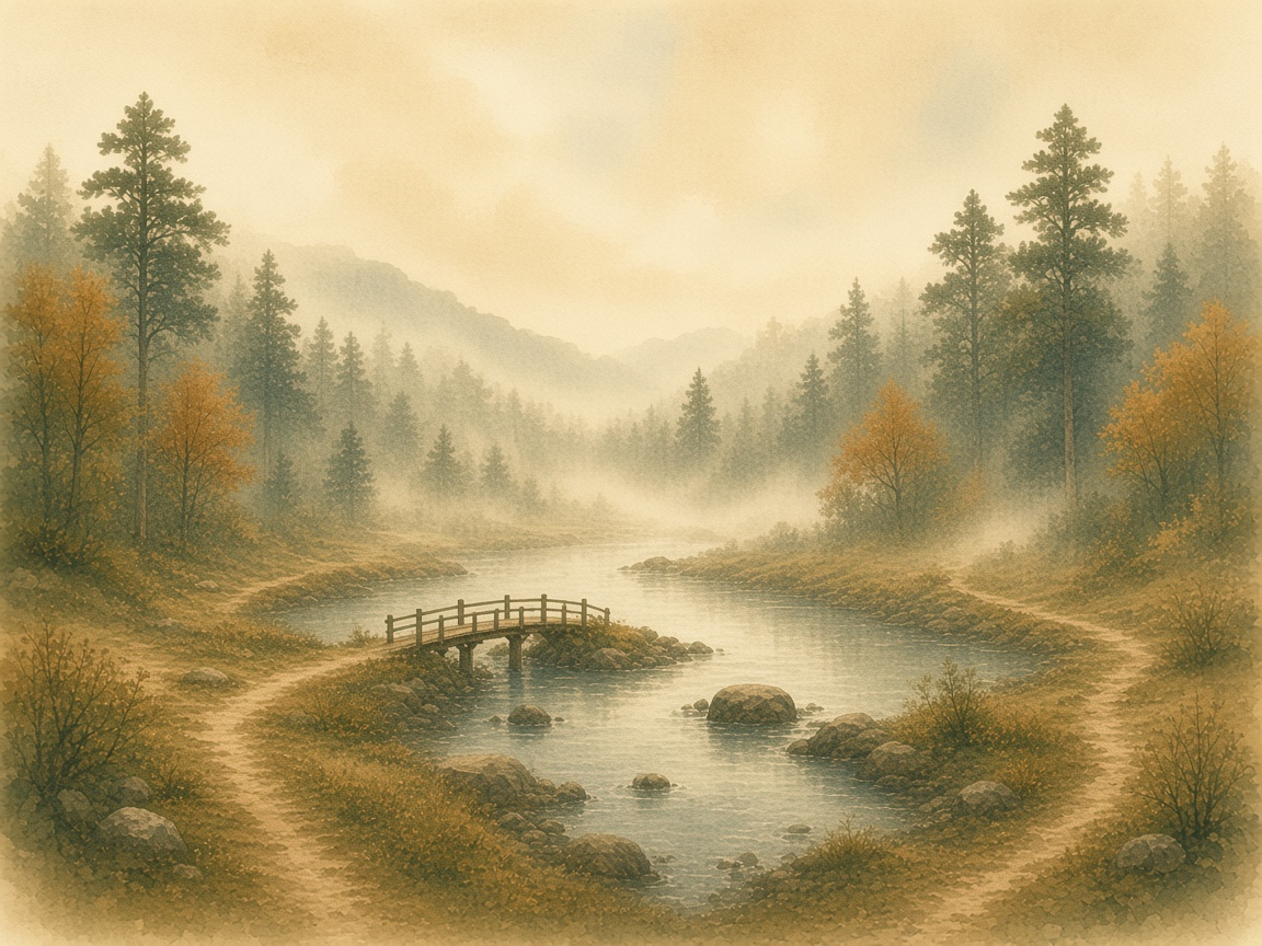 A short path to a bridge, and a long trail fading into mist.