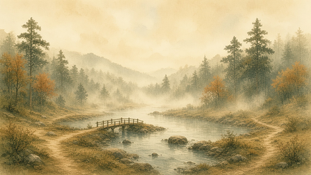 A misty river, a footbridge, and two paths.