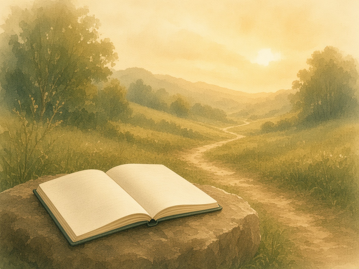 A path toward a sunlit hill, with a blank notebook in front.