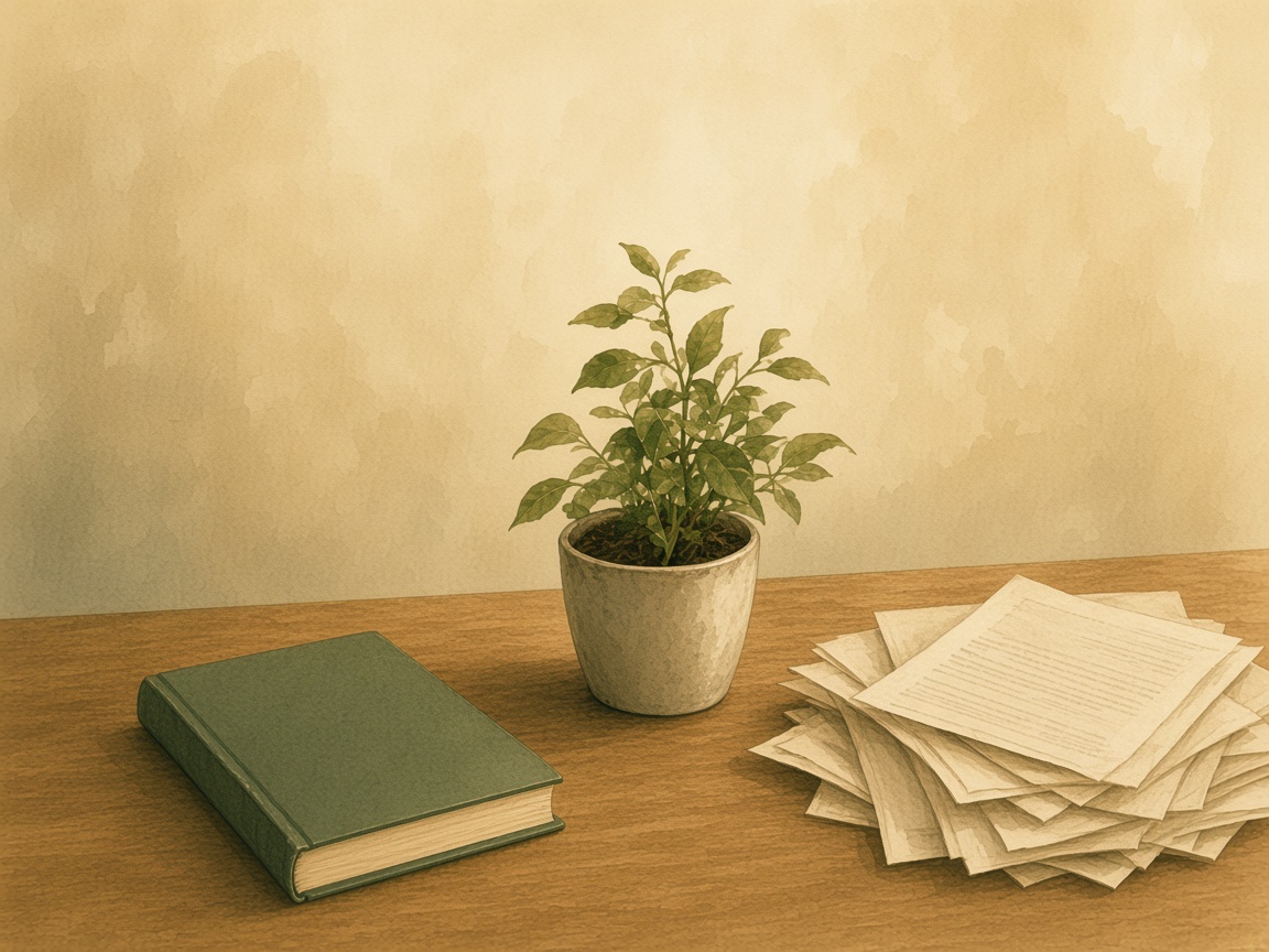 One book and a plant in the center of a desk, papers pushed aside.