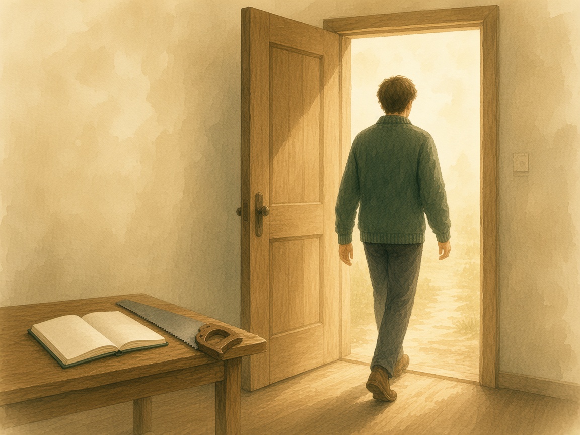 A person stepping through an open door into daylight.