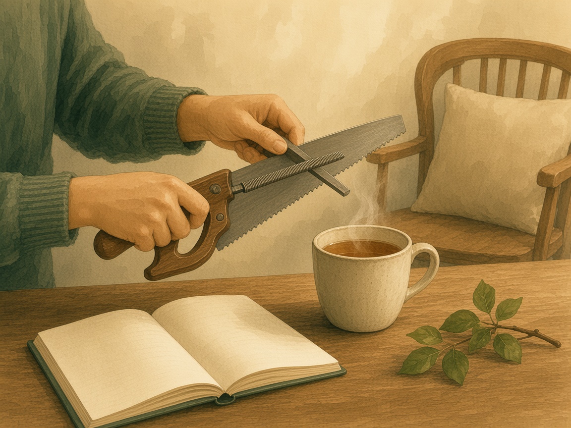 A hand sharpening a saw beside a cup of tea.
