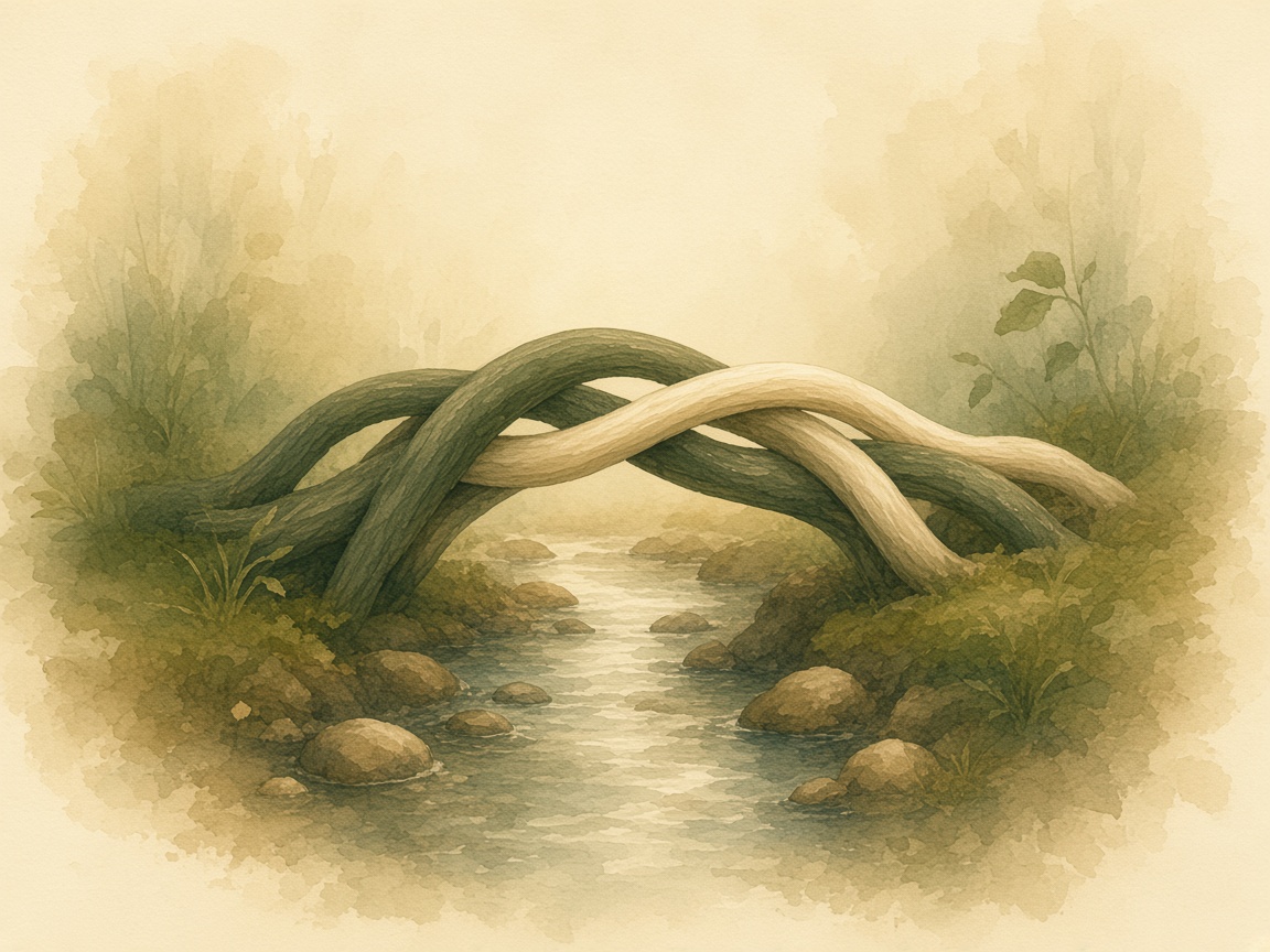 Two branches woven into one small bridge.