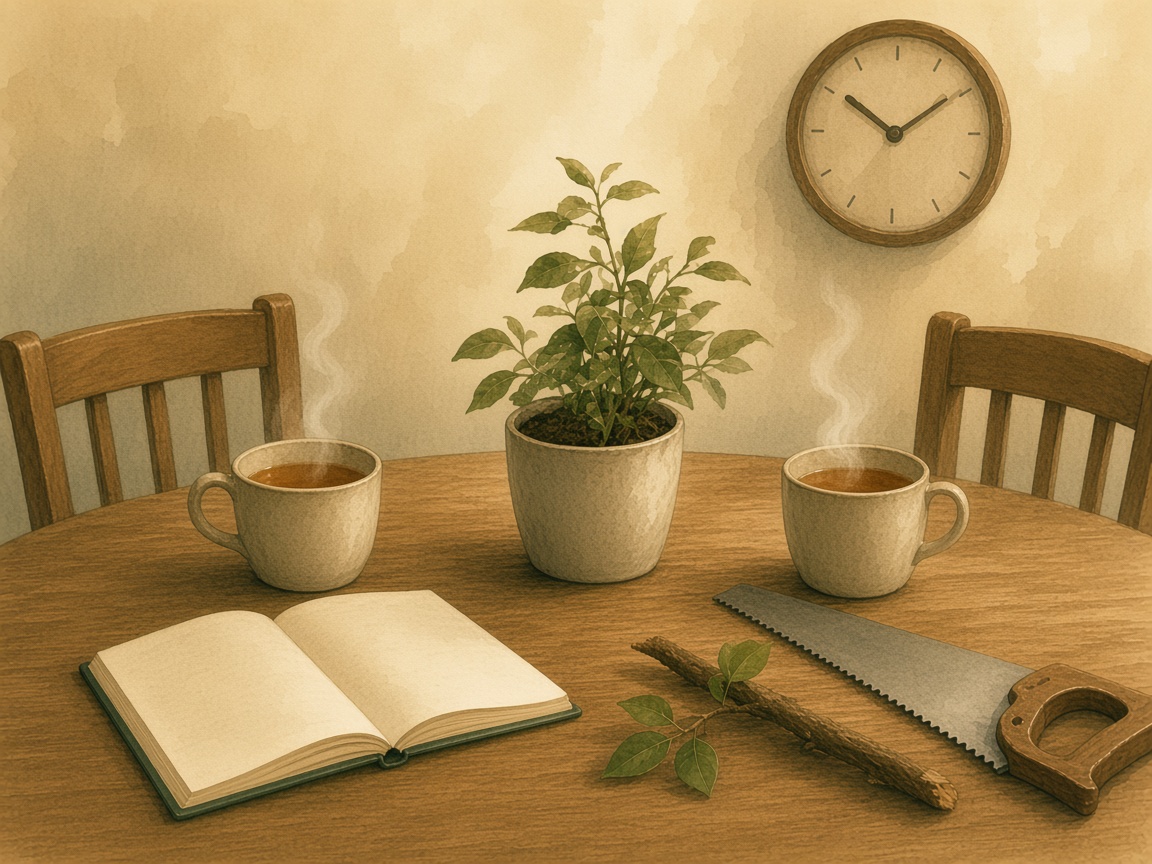 Two full cups of tea and two chairs at one table.