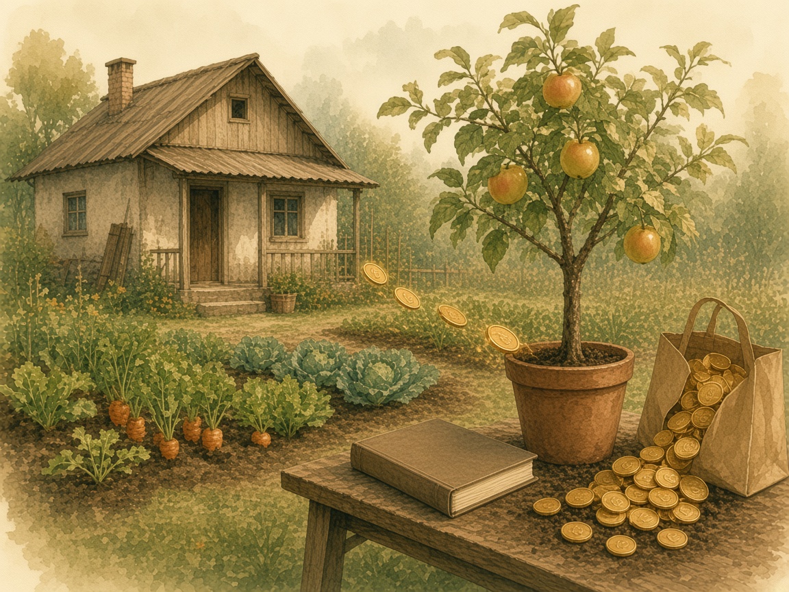 Coins moving toward a fruit tree, and coins leaving a shopping bag.