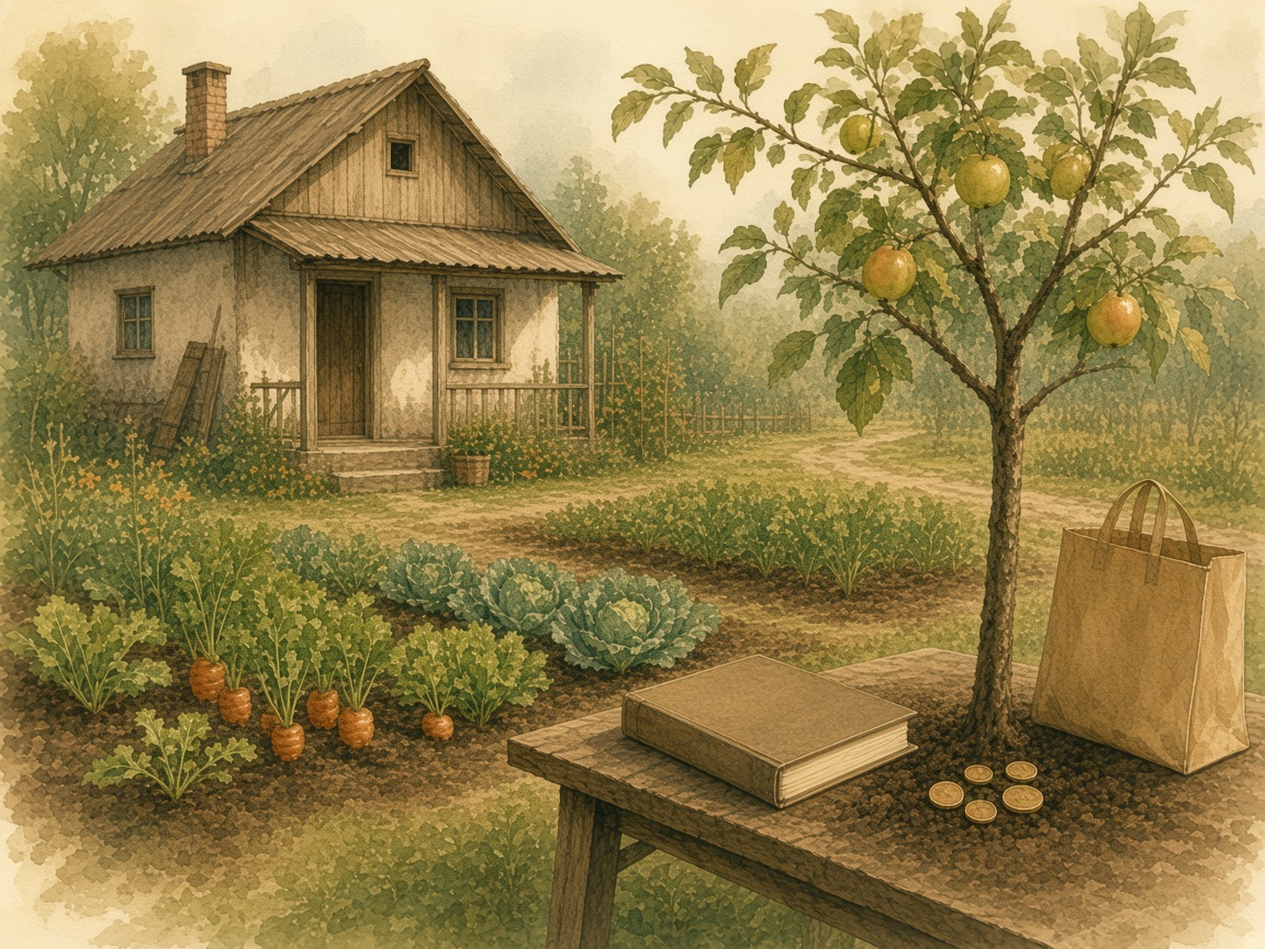 A cottage with its own vegetable rows.