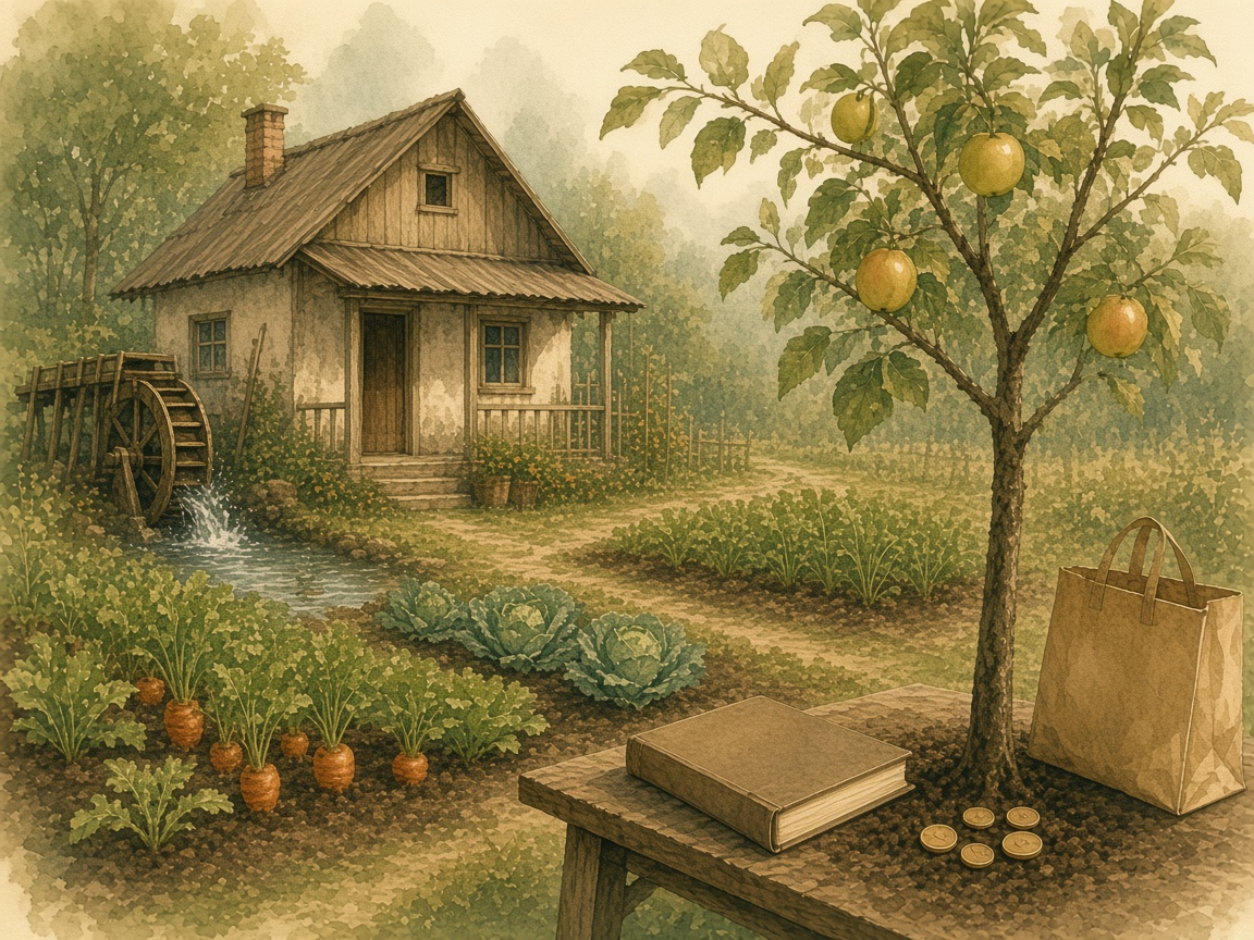A water wheel turning beside a garden.
