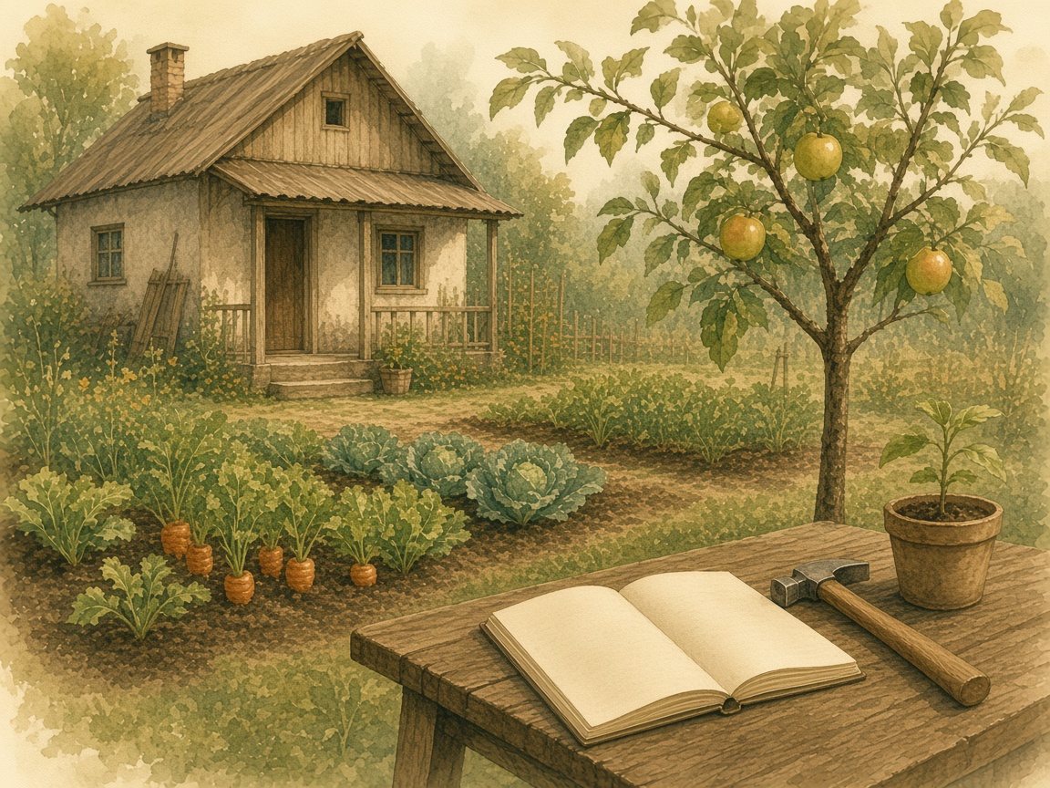 A workbench with a notebook, a hammer, and a seedling.