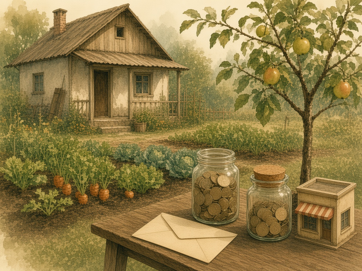 Two coin jars, one by an envelope and one by a small shop.