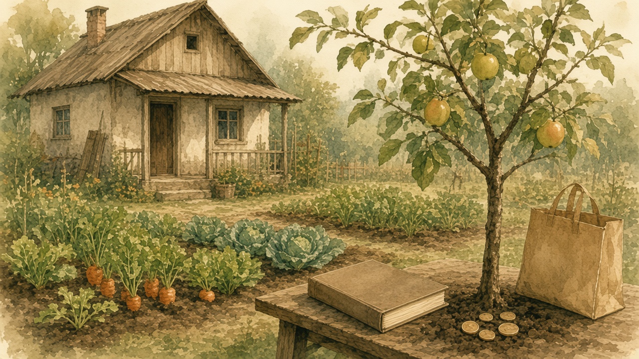 A small house, a garden, a fruit tree, and a closed ledger.